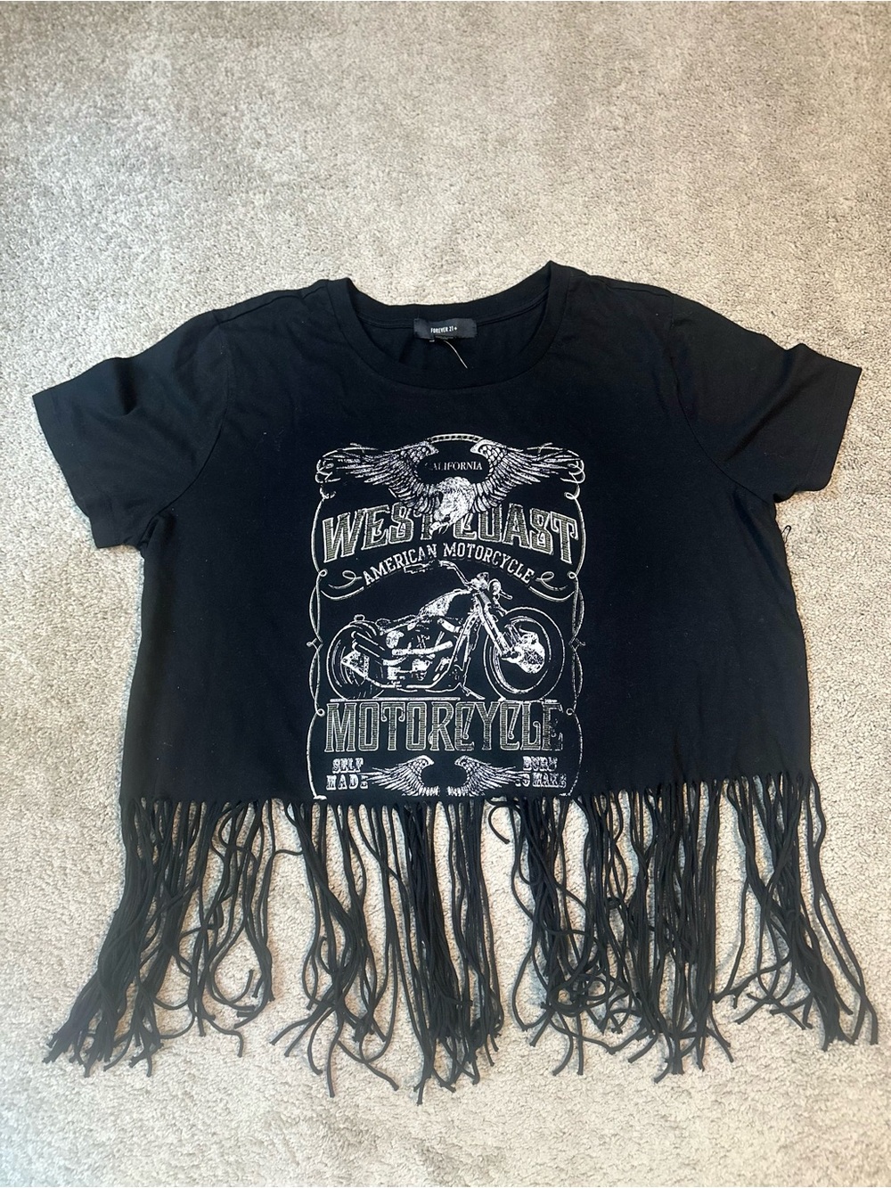 Forever 21 Black Fringe Graphic Tee with Motorcycle Print